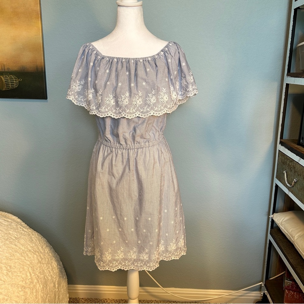 MICHAEL KORS Lace Blue & White Striped Off-Shoulder Midi Dress Cottagecore S